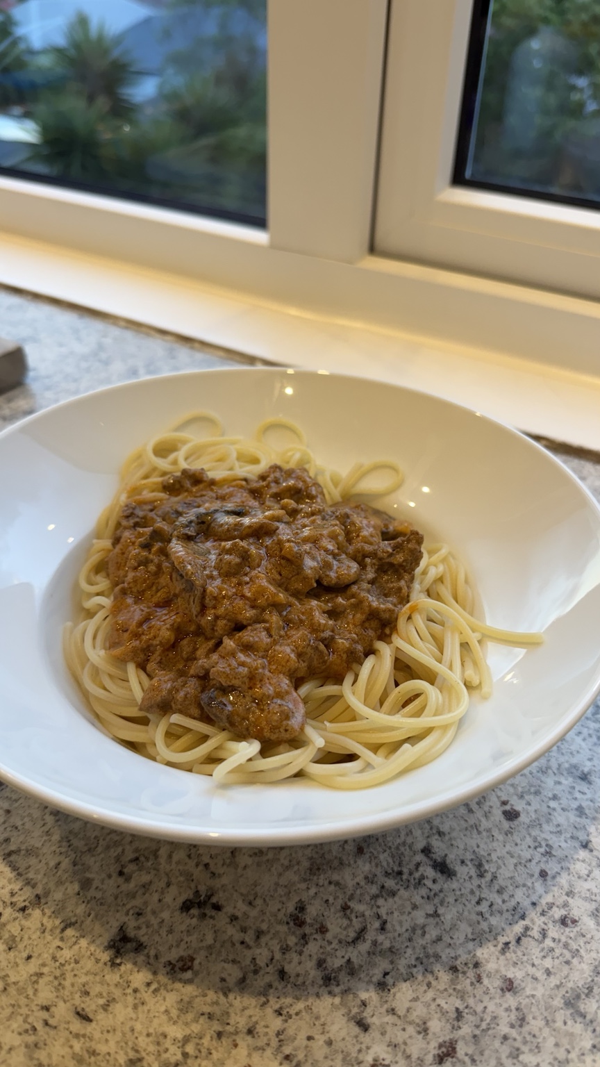 Emma’s budget beef stroganoff on spaghetti